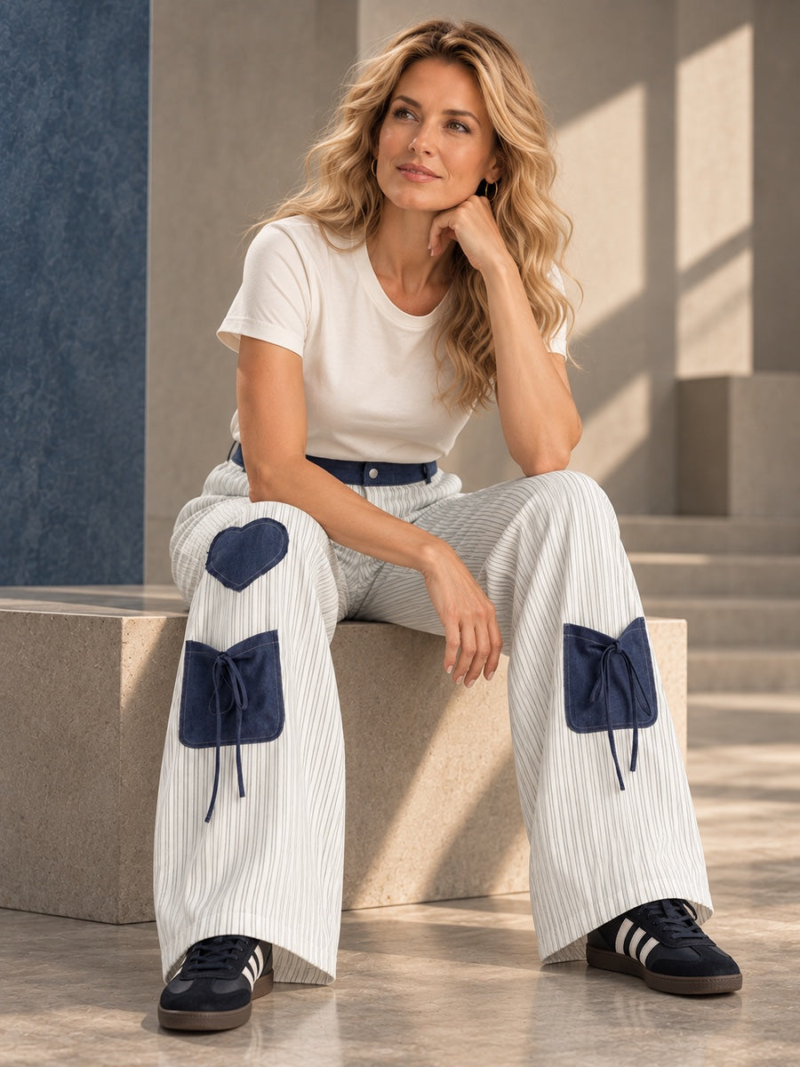 High Waisted Loose Buttoned Contrast Color Pockets Split-Joint Striped Tied Pants Trousers - 205651_OL_F2_v20261008