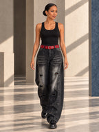 High Waisted Wide Leg Belt Buckle Hollow Pockets Printed Ripped Split-Joint Jean Pants Bottoms - 207025_CF_F3_v01