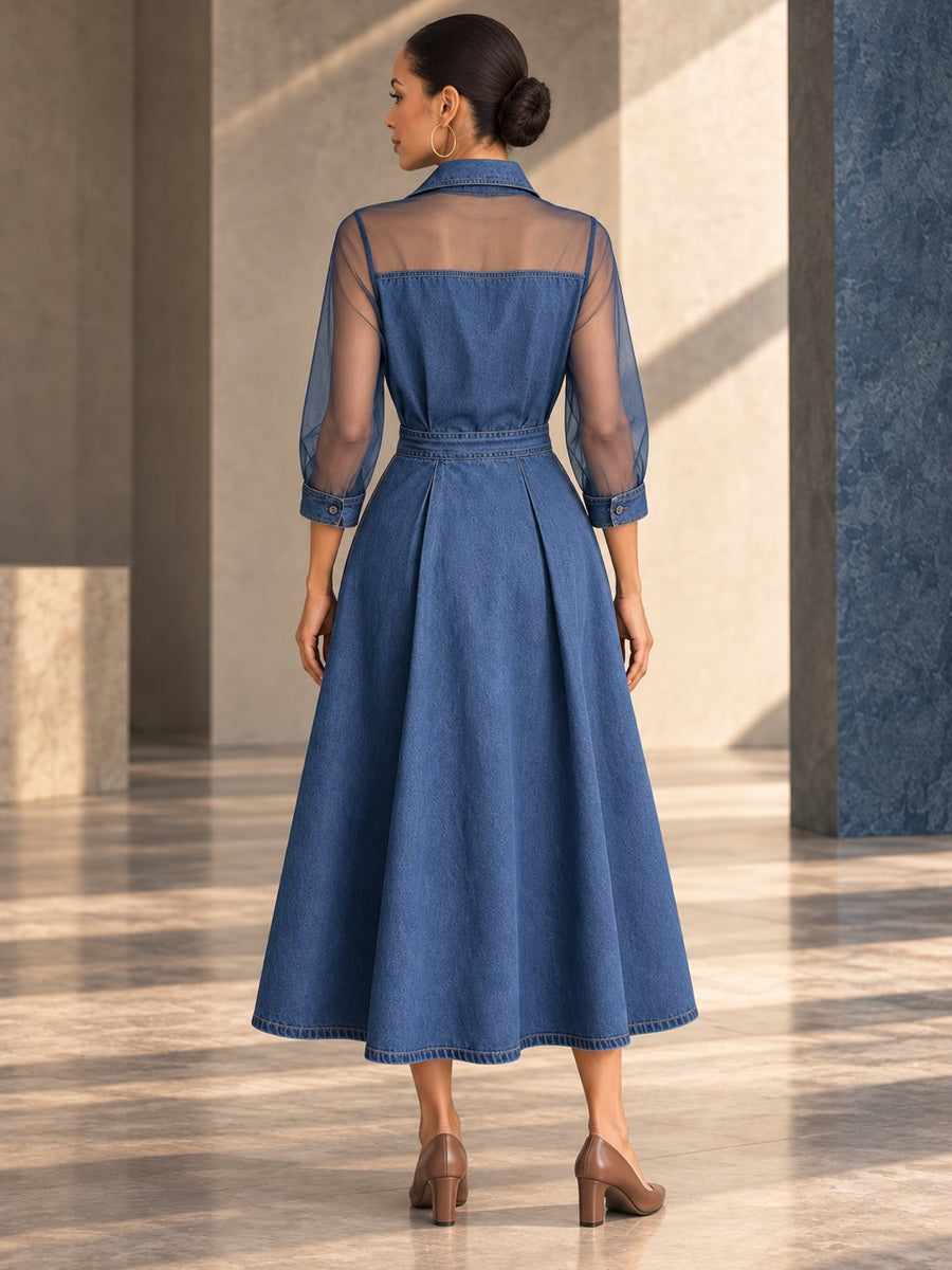 A-Line High Waisted Buttoned Pockets See-Through Solid Color Split-Joint Lapel Maxi Dresses - 203907_B1_v01