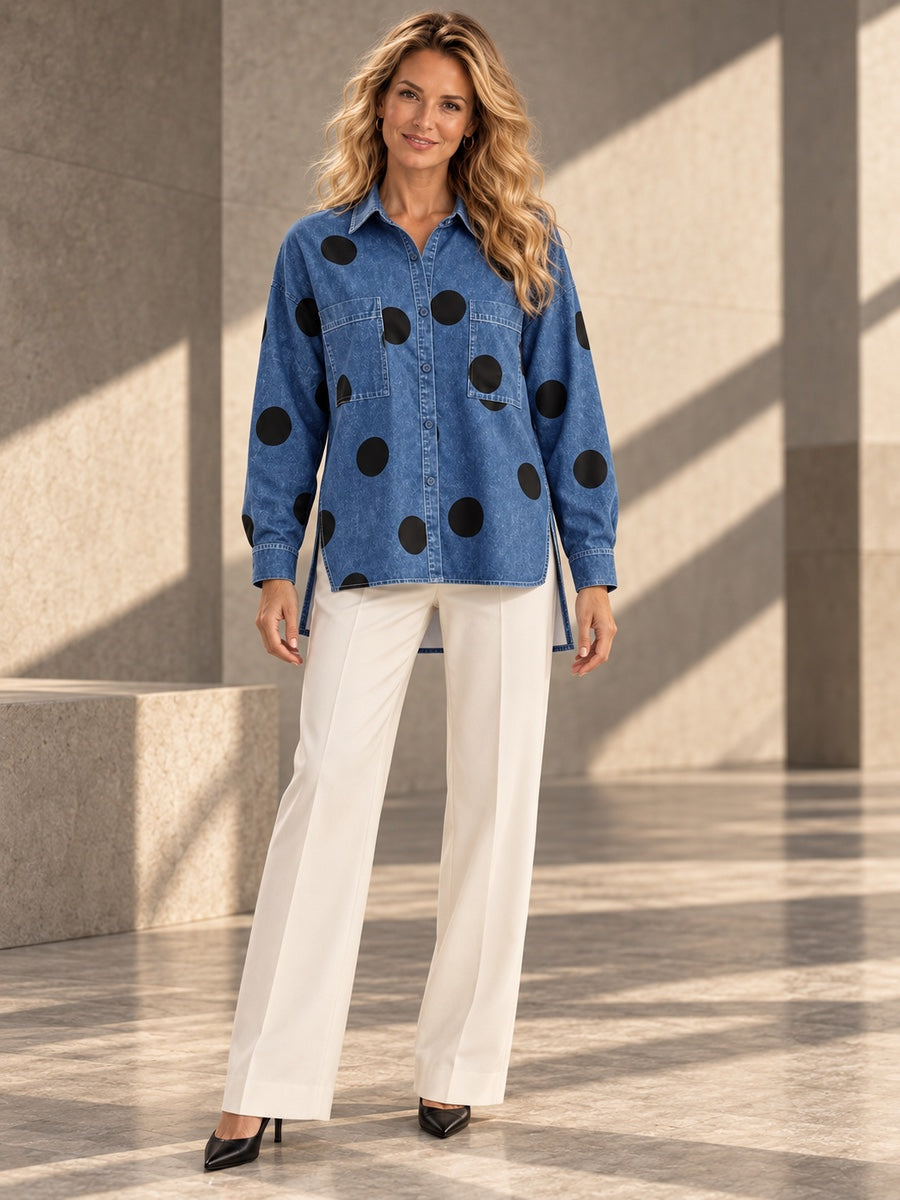 High-Low Irregularity Buttoned Contrast Color Pockets Polka-Dot Split-Joint Split-Side Stand Collar Blouses&Shirts Tops - 201952_OL_F1_v20261008
