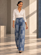 Loose Wide Leg Buttoned Plaid Pockets Split-Joint Jean Pants Bottoms - 170568_CF_F1_v20261008
