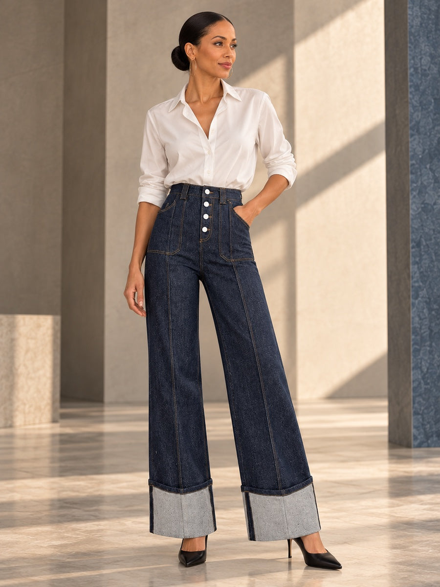 High Waisted Straight Leg Contrast Color Split-Joint Jean Pants Bottoms - 172434_OL_F1_v20261008