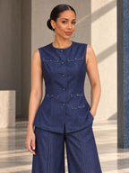 Loose Sleeveless Buttoned Pockets Solid Color Round-Neck Vest Top - 182666_F1_v01