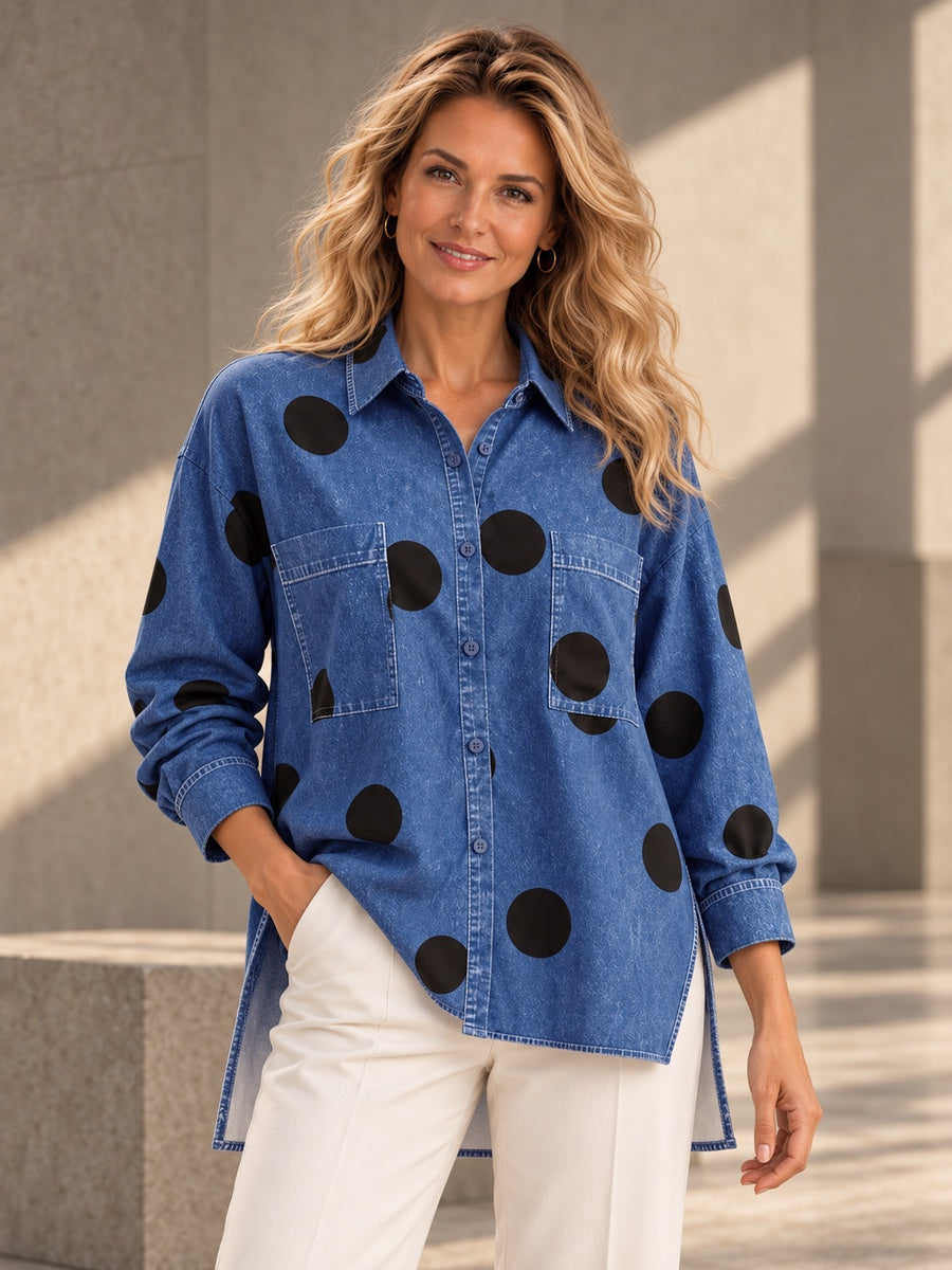 High-Low Irregularity Buttoned Contrast Color Pockets Polka-Dot Split-Joint Split-Side Stand Collar Blouses&Shirts Tops - 201952_UPPER_v20261008