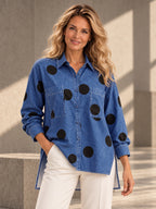 High-Low Irregularity Buttoned Contrast Color Pockets Polka-Dot Split-Joint Split-Side Stand Collar Blouses&Shirts Tops - 201952_UPPER_v20261008