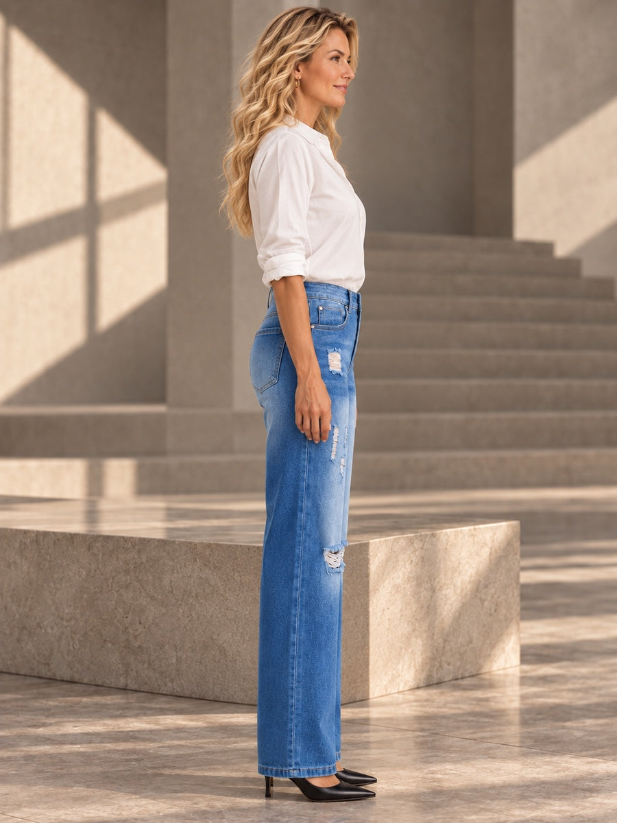 High Waisted Wide Leg Buttoned Hollow Pockets Split-Joint Jean Pants Bottoms - 207499_S1_v20261008