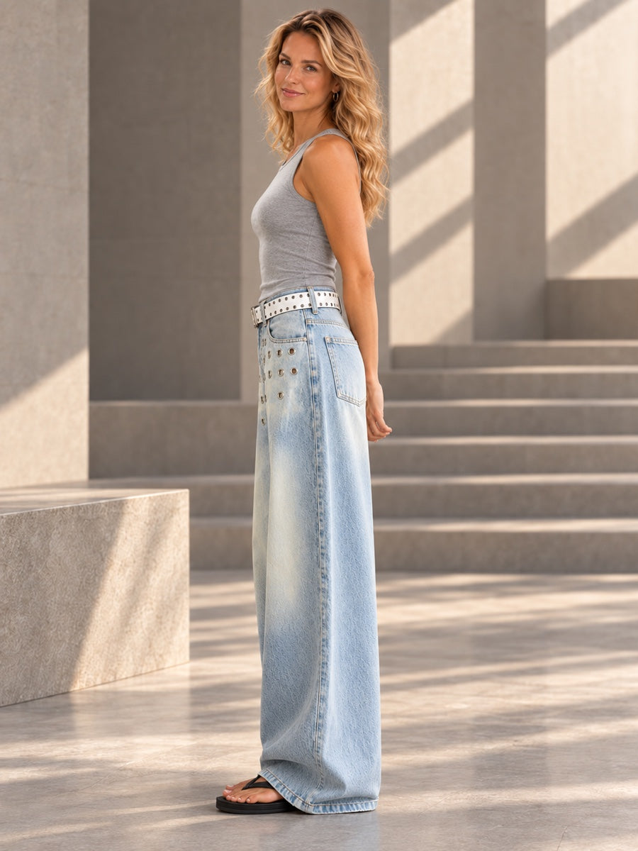 High Waisted Wide Leg Belt Buckle Hollow Pockets Solid Color Split-Joint Jean Pants Bottoms - 207069_S1_v01