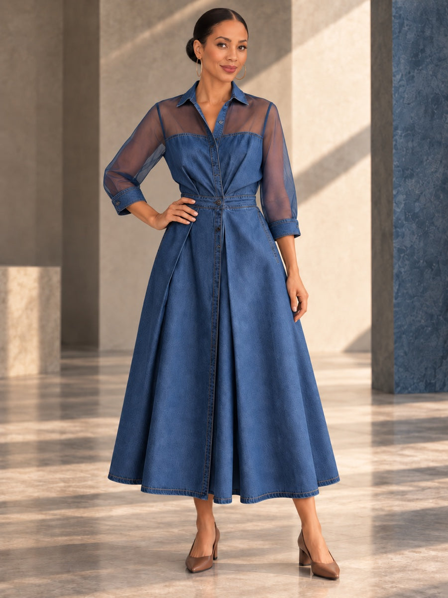 A-Line High Waisted Buttoned Pockets See-Through Solid Color Split-Joint Lapel Maxi Dresses - 203907_CF_F1_v01