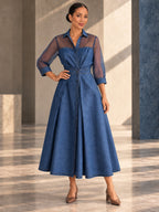 A-Line High Waisted Buttoned Pockets See-Through Solid Color Split-Joint Lapel Maxi Dresses - 203907_CF_F1_v01