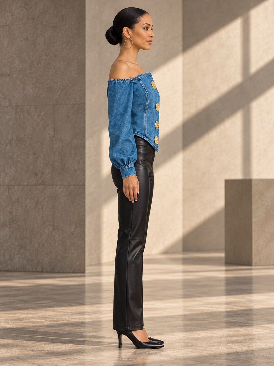 Irregularity Long Sleeves Buttoned Pleated Solid Color Split-Joint Off-The-Shoulder Blouses&Shirts Tops - 202153_S1_v20261008
