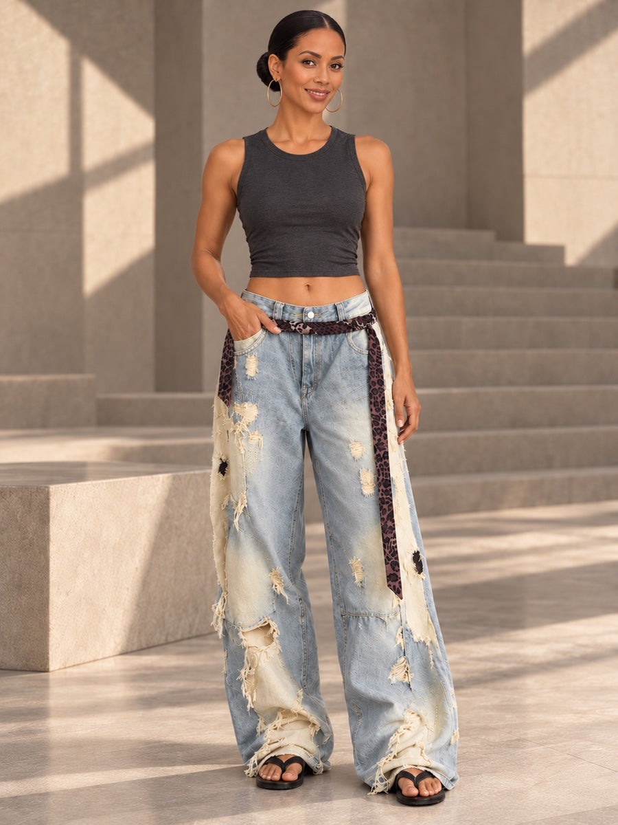 High Waisted Wide Leg Asymmetric Buttoned Contrast Color Jacquard Pockets Split-Joint Streamer Jean Pants Bottoms - 207026_CF_F1_v01