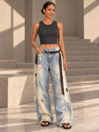 High Waisted Wide Leg Asymmetric Buttoned Contrast Color Jacquard Pockets Split-Joint Streamer Jean Pants Bottoms - 207026_CF_F1_v01