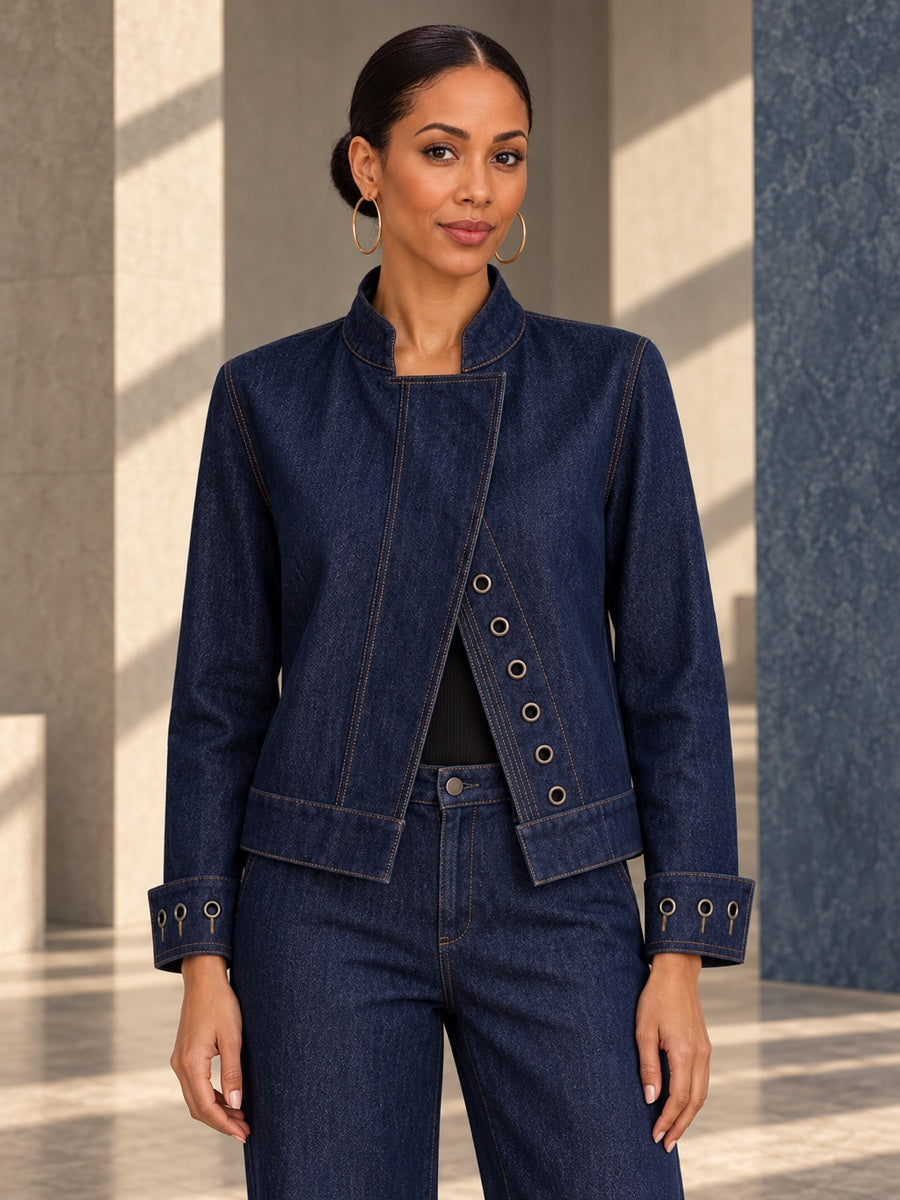 Cropped Long Sleeves Buttoned Hollow Solid Color Stand Collar Outerwear - 205700_OL_F1_v01