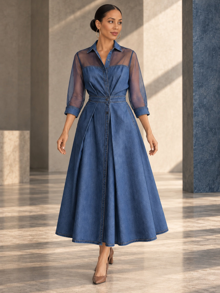 A-Line High Waisted Buttoned Pockets See-Through Solid Color Split-Joint Lapel Maxi Dresses - 203907_CF_F3_v01