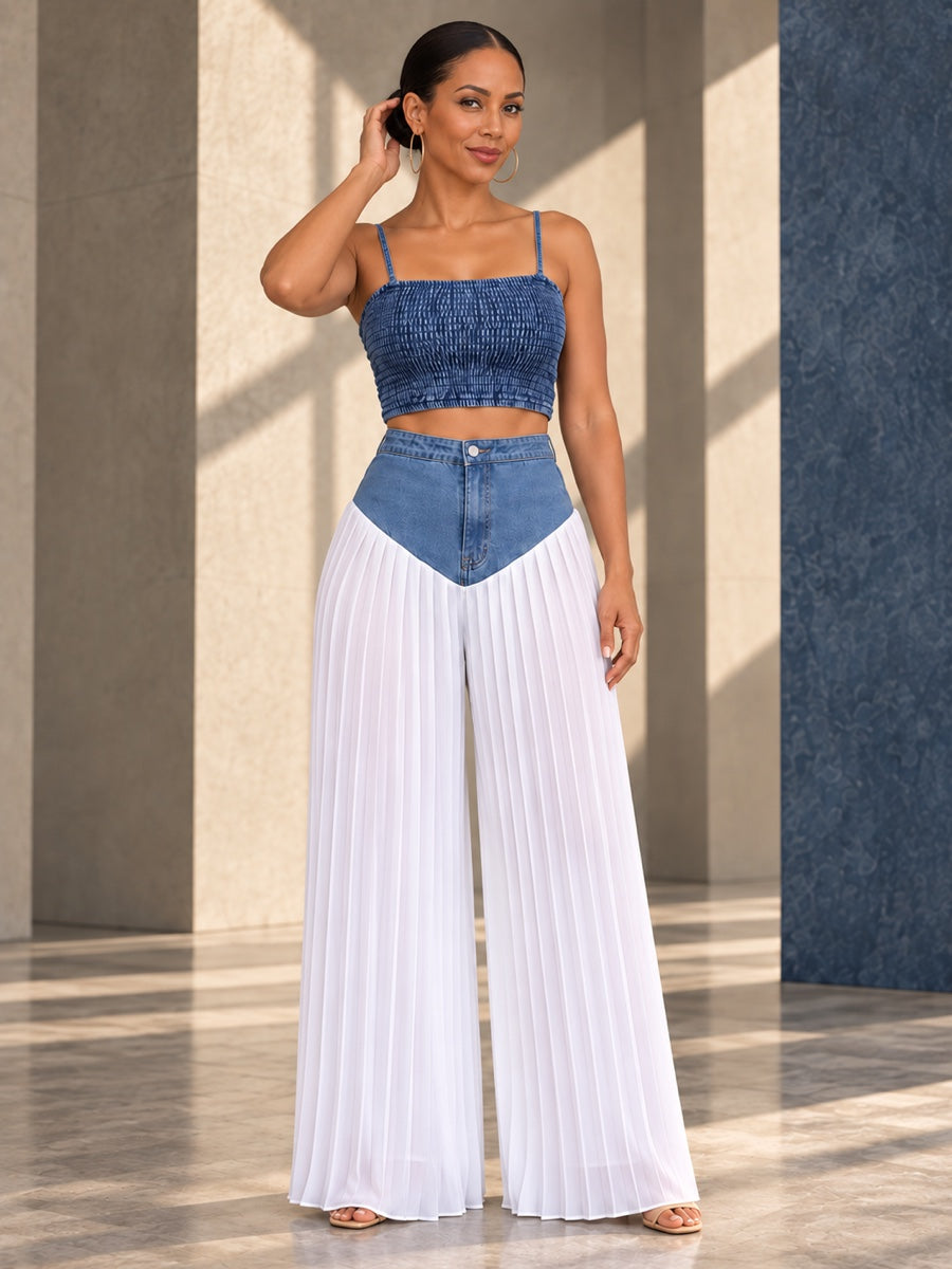 Cropped Skinny Zipper Backless Spaghetti‑Neck Camis Tops + Buttoned Zipper Pleated See‑Through Split‑Joint Trousers Bottoms Two Pieces Set - 209725_CF_F2_v01