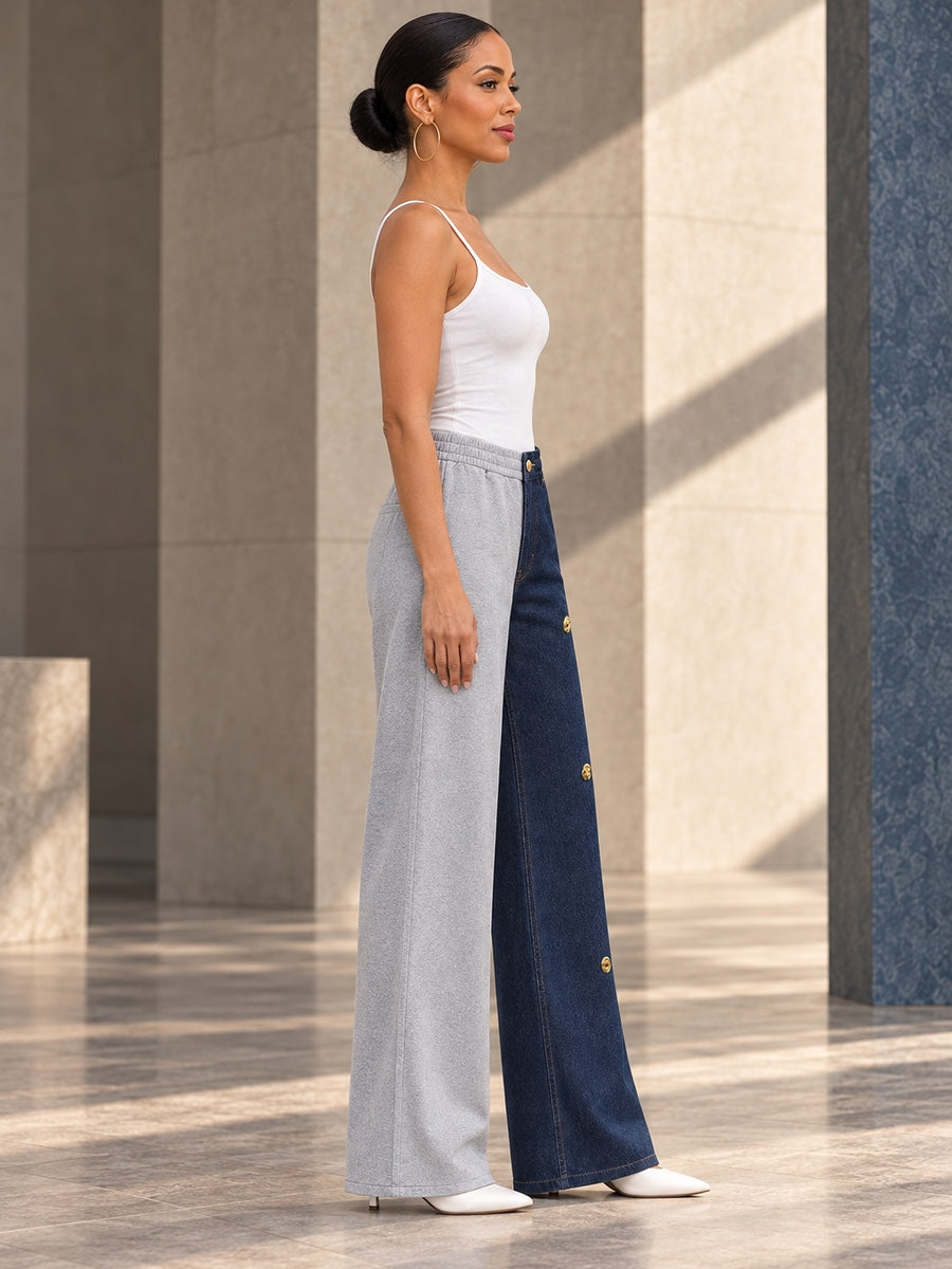 High Waisted Wide Leg Buttoned Contrast Color Elasticity Pockets Split-Joint Zipper Pants Trousers - 211497_S1_v20261008