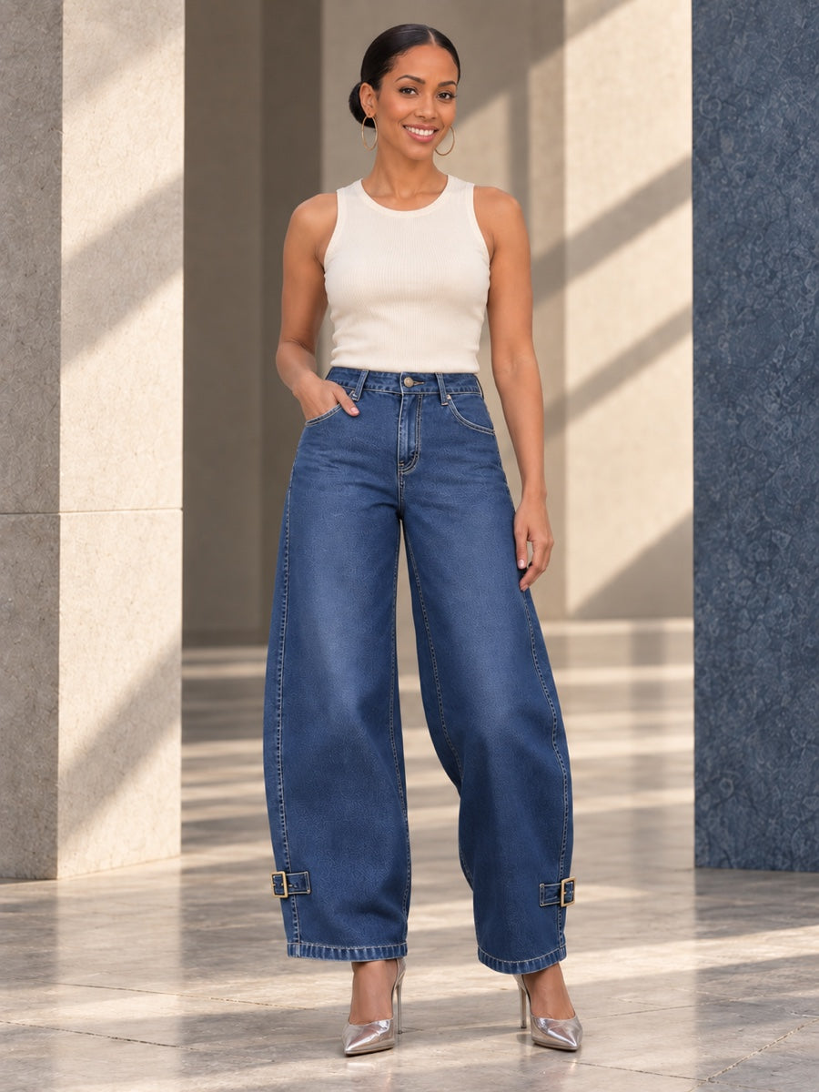 High Waisted Wide Leg Buckle Pockets Solid Color Jean Pants Bottoms - 202332_CF_F1_v01