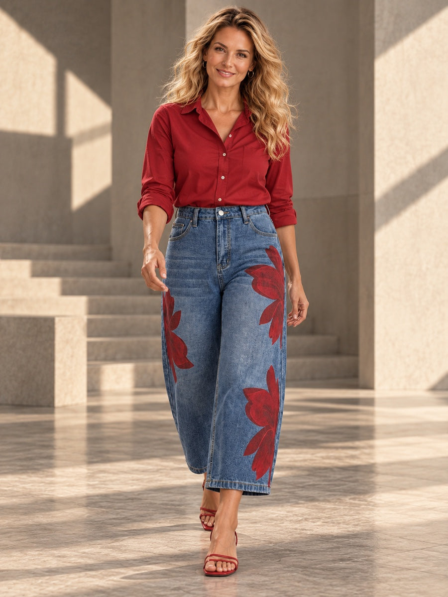 Loose Wide Leg Flower Print No Belt Pockets Jean Pants Bottoms Ninth Pants - 202790_CF_F1_v20261008
