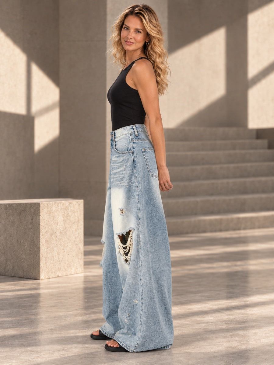 High Waisted Wide Leg Buttoned Contrast Color Hollow Pockets Split-Joint Jean Pants Bottoms - 206743_S1_v01