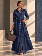 A-line Long Sleeves Buttoned Pleated Pockets Solid Color Split-Joint Lapel Maxi Dresses - 209470_CF_F3_v01