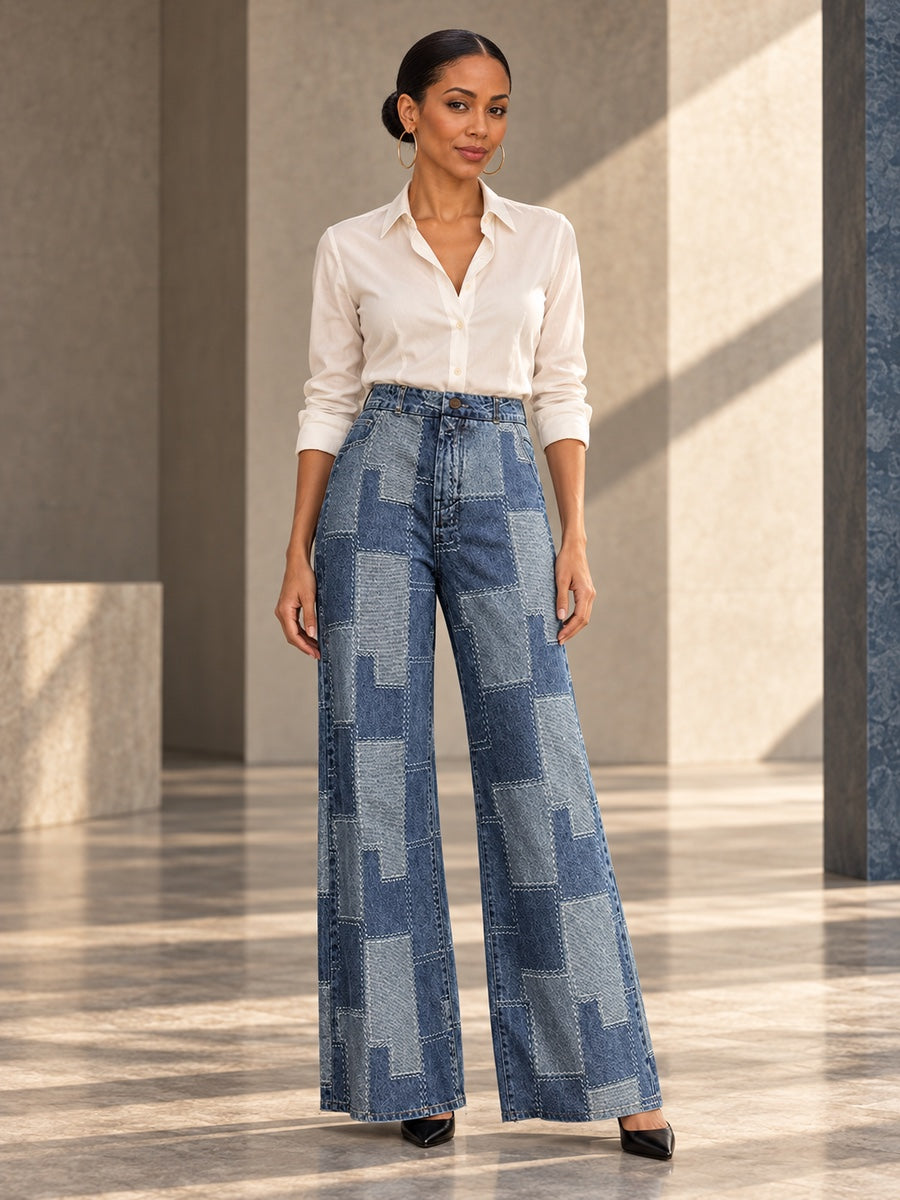 Loose Wide Leg Buttoned Plaid Pockets Split-Joint Jean Pants Bottoms - 170568_OL_F1_v20261008