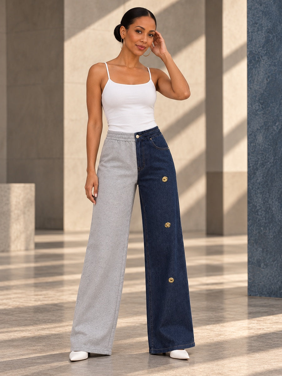 High Waisted Wide Leg Buttoned Contrast Color Elasticity Pockets Split-Joint Zipper Pants Trousers - 211497_CF_F2_v20261008