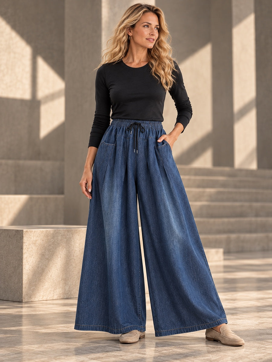 High Waisted Loose Drawstring Elasticity Pleated Pockets Jean Pants Bottoms - 177223_OL_F3_v20261008