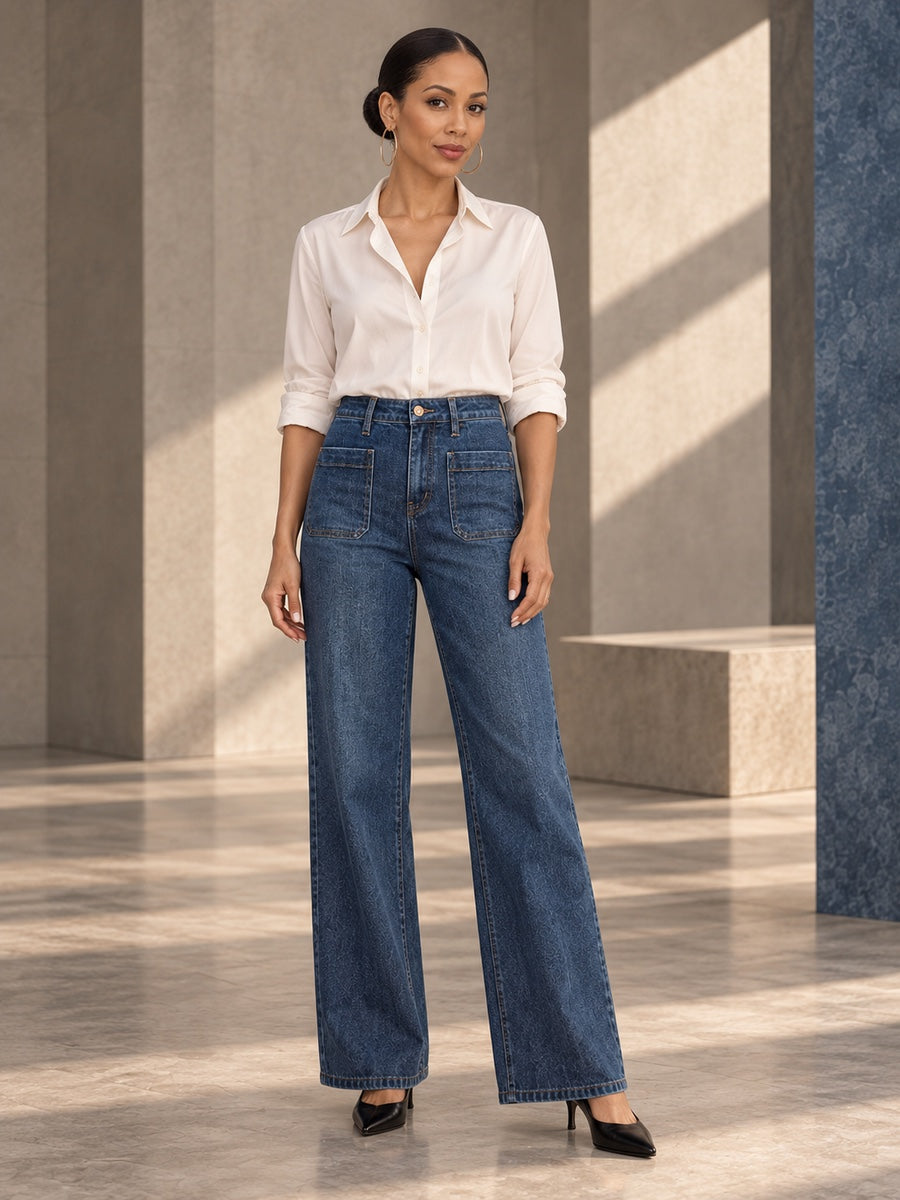 High Waisted Wide Leg Belt Buckle Split-Joint Jean Pants Bottoms - 178153_OL_F1_v20261008