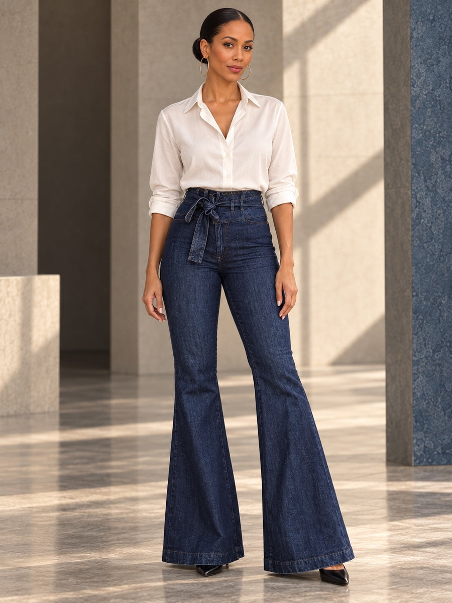 Flared Pants High Waisted Solid Color Tied Waist Jean Pants Bottoms - 154536_OL_F1_v20261008