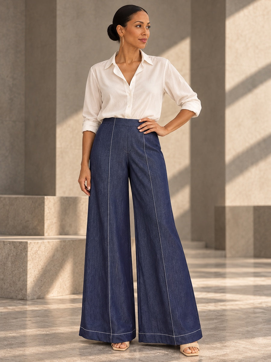 High Waisted Loose Elasticity Pockets Solid Color Jean Pants Bottoms Trousers - 182665_OL_F3_v20261008
