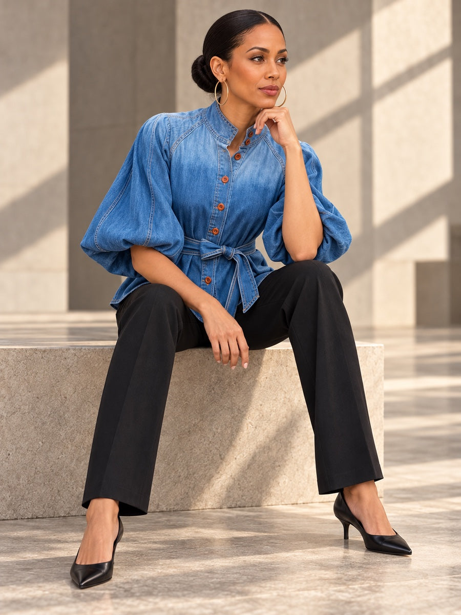 Half Sleeves Puff Sleeves Buttoned Gradient Tied Waist Stand Collar Blouses&Shirts Tops - 180632_OL_F2_v20261008