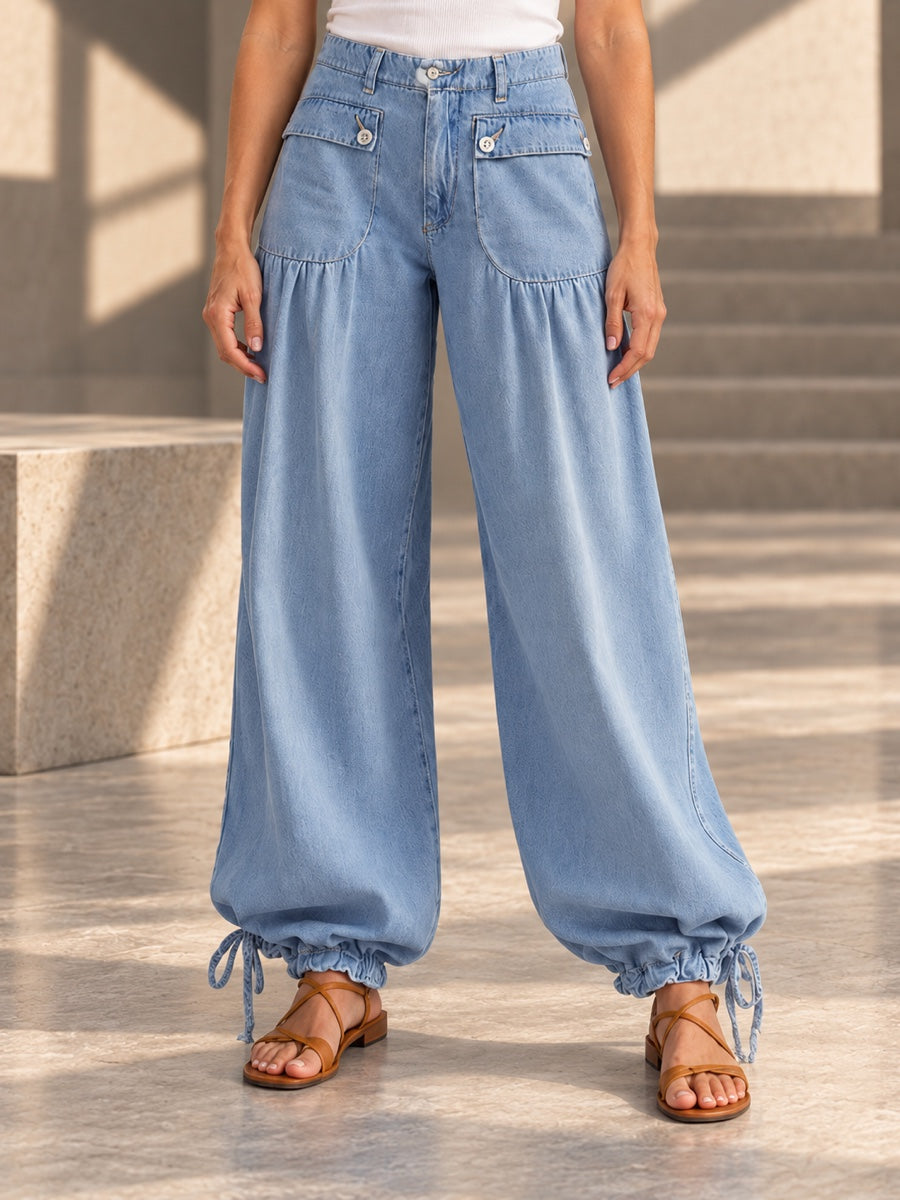 High Waisted Wide Leg Buttoned Drawstring Elasticity Pleated Pockets Solid Color Jean Pants Bottoms - 207162_下半身_v04