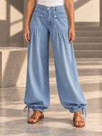 High Waisted Wide Leg Buttoned Drawstring Elasticity Pleated Pockets Solid Color Jean Pants Bottoms - 207162_下半身_v04