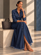 A-line Long Sleeves Buttoned Pleated Pockets Solid Color Split-Joint Lapel Maxi Dresses - 209470_OL_F2_v04