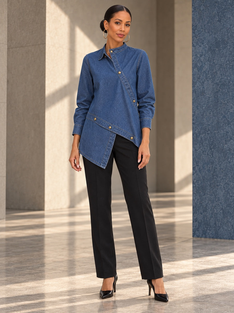 Long Sleeves Loose Asymmetric Buttoned Split-Front Stand Collar Blouses&Shirts Tops - a6b6da309334_OL_F1_v20261008