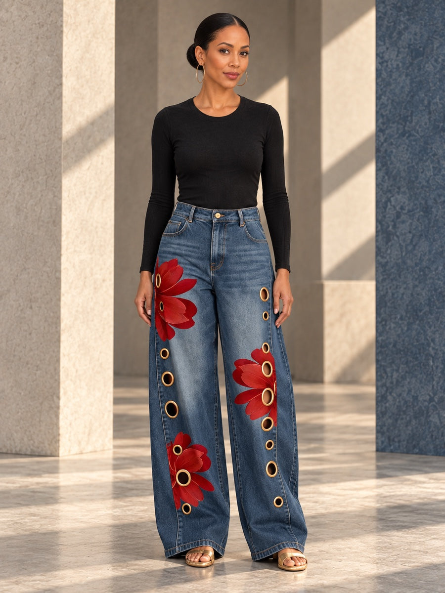 High Waisted Wide Leg Buttoned Flower Print Hollow Pockets Jean Pants Bottoms Trousers - 207136_OL_F1_v01