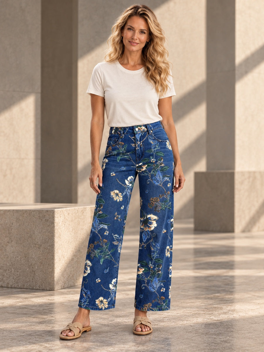 High Waisted Contrast Color Flower Print Pockets Jean Pants Bottoms Trousers - 209466_OL_F1_v20261008