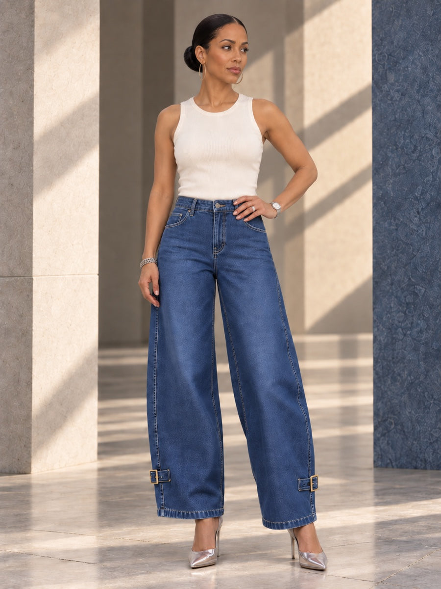 High Waisted Wide Leg Buckle Pockets Solid Color Jean Pants Bottoms - 202332_OL_F3_v04