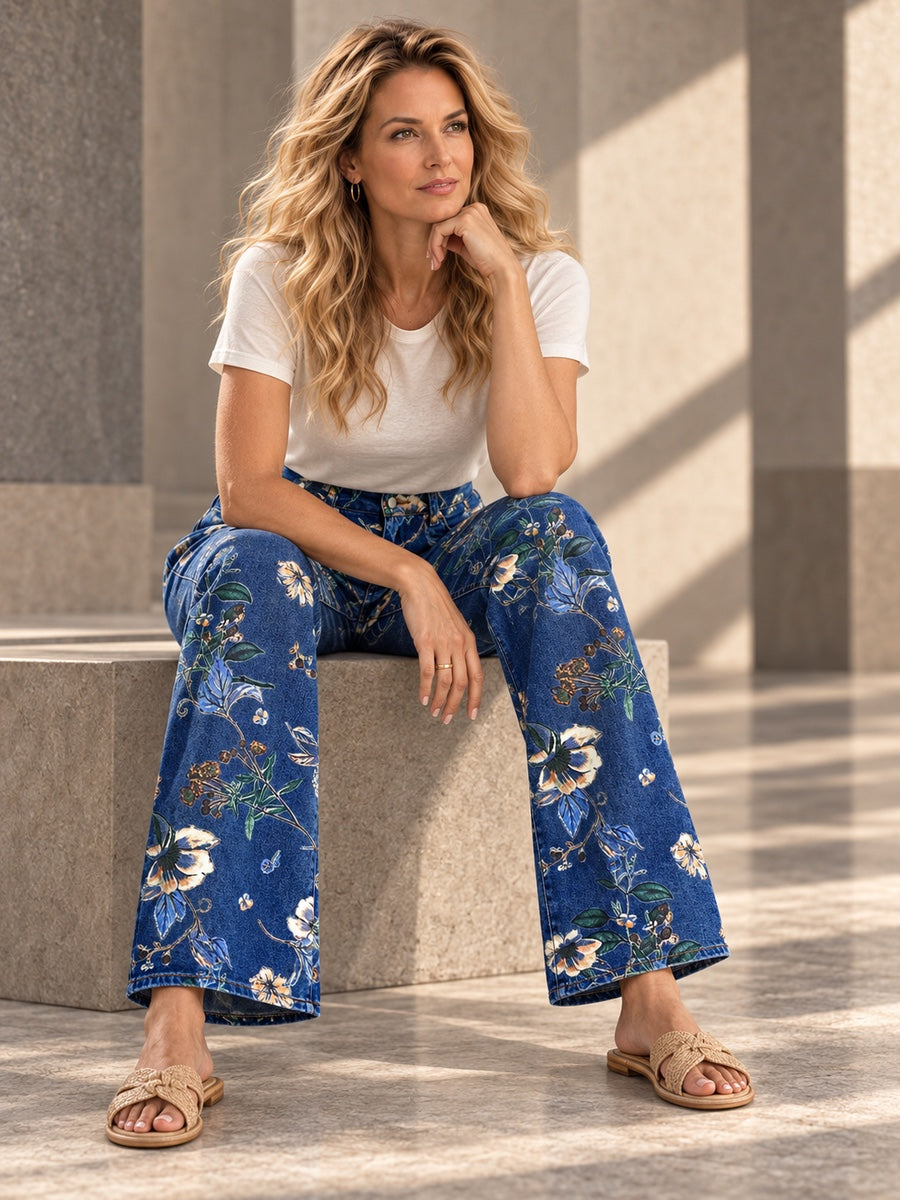 High Waisted Contrast Color Flower Print Pockets Jean Pants Bottoms Trousers - 209466_OL_F2_v20261008