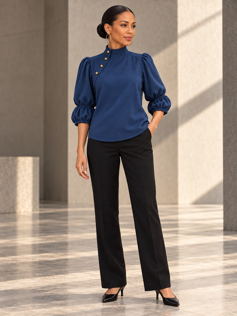 Half Sleeves Buttoned Contrast Color Pleated Stand Collar Not denim Blouses&shirts Tops - 211815_OL_F1_v20261008