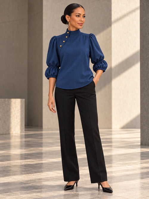 Half Sleeves Buttoned Contrast Color Pleated Stand Collar Not denim Blouses&shirts Tops - 211815_OL_F1_v20261008