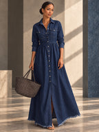 A-line Long Sleeves Buttoned Pleated Pockets Solid Color Split-Joint Lapel Maxi Dresses - 209470_F1_v01