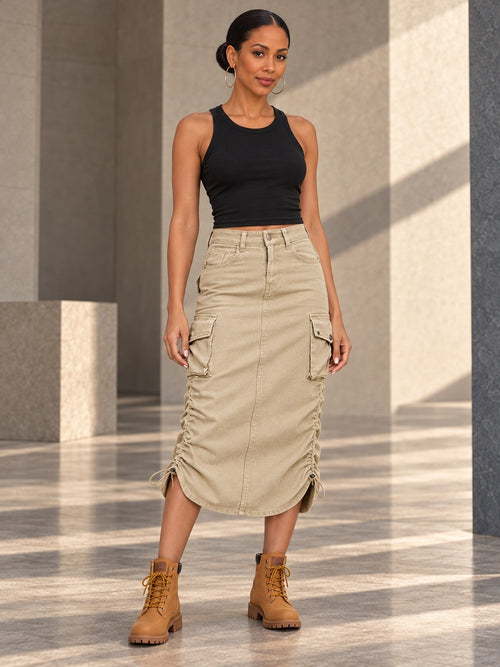 A-Line Buttoned Drawstring Pockets Solid Color Split-Side Skirts Bottoms - 123866_OL_F1_v20261008