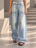 High Waisted Wide Leg Belt Buckle Hollow Pockets Solid Color Split-Joint Jean Pants Bottoms - 207069_下半身_v04