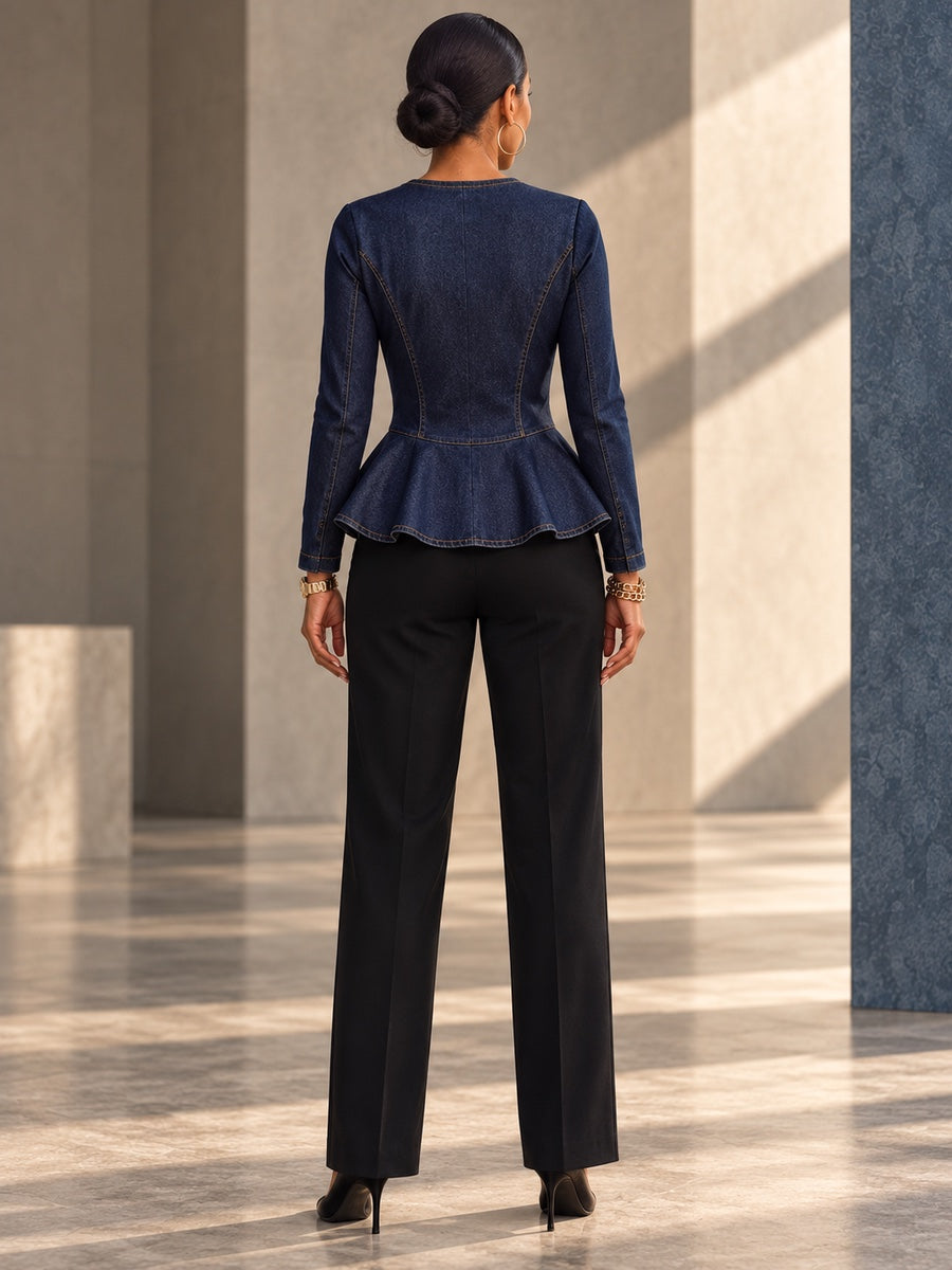 Long Sleeves Skinny Buttoned Ruffle Trim Split-Joint Round-neck Blouses&shirts Tops - 210433_B1_v20261008