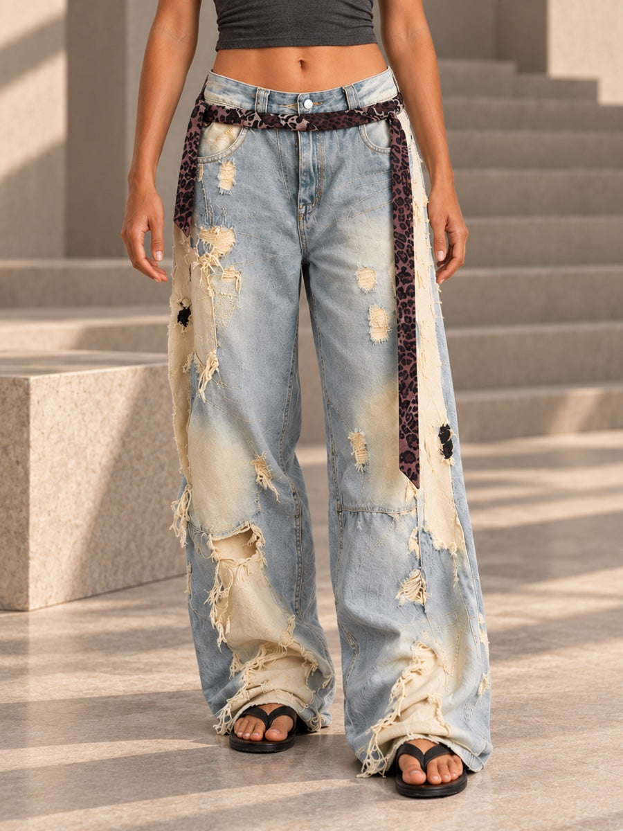 High Waisted Wide Leg Asymmetric Buttoned Contrast Color Jacquard Pockets Split-Joint Streamer Jean Pants Bottoms - 207026_下半身_v04