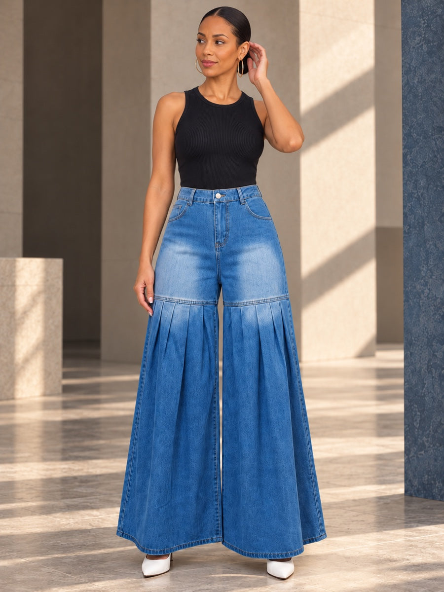High Waisted Wide Leg Buttoned Elasticity Pleated Pockets Solid Color Split-Joint Zipper Jean Pants Bottoms Trousers - 208193_CF_F2_v01
