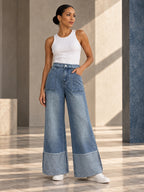 High Waisted Wide Leg Contrast Color Pockets Jean Pants Bottoms - 187827_OL_F3_v20261008