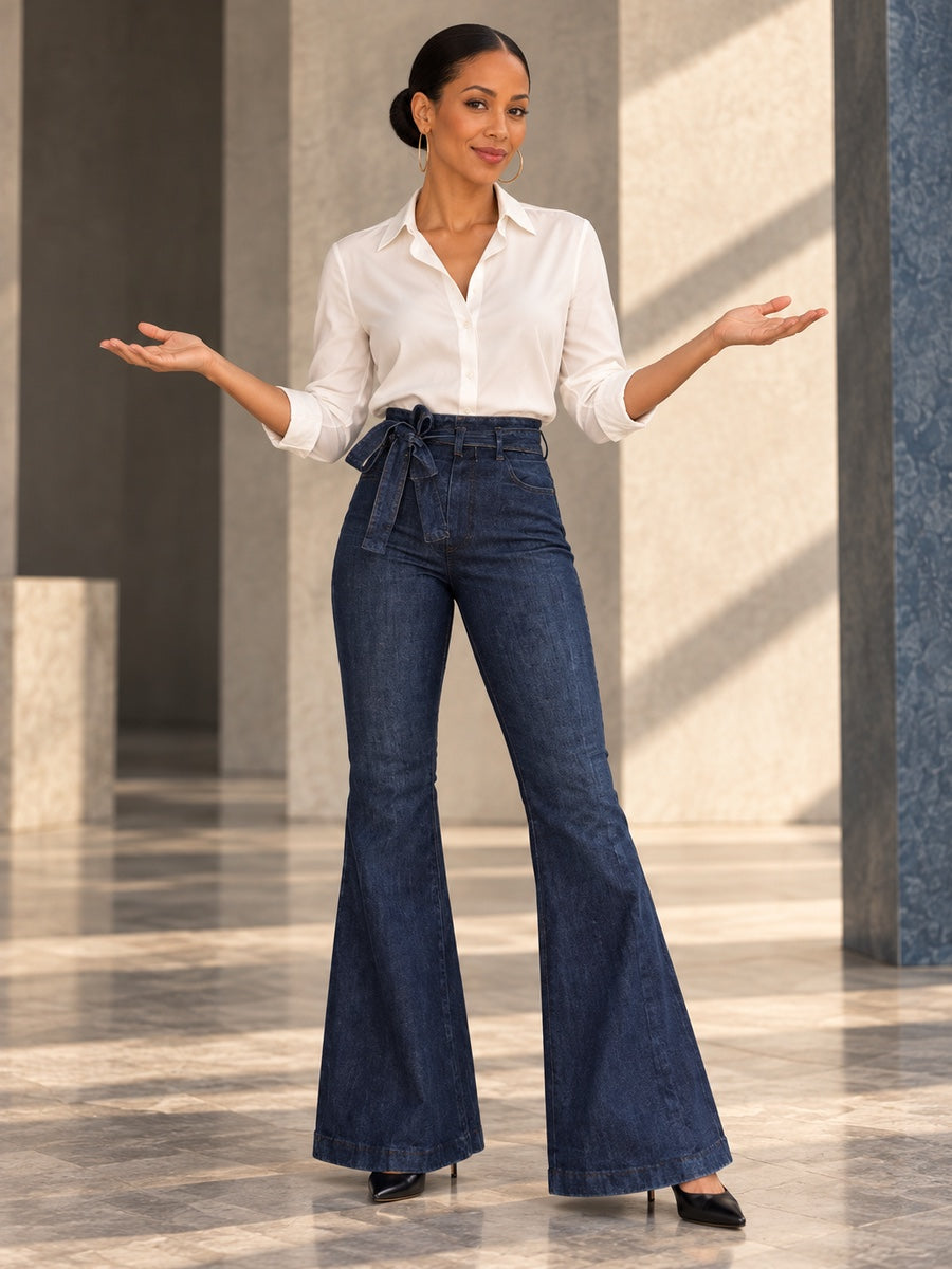 Flared Pants High Waisted Solid Color Tied Waist Jean Pants Bottoms - 154536_CF_F3_v20261008