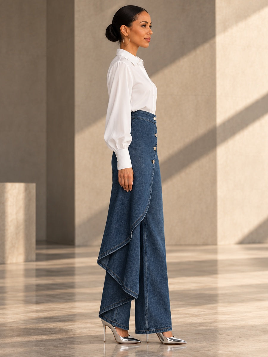 High Waisted Irregularity Buttoned Layered Pockets Solid Color Split-Joint Jean Pants Bottoms - 201901_S1_v20261008